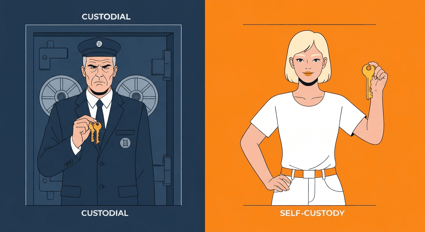 Custodial storage means someone else holds your keys โ self-custody means you hold them yourself