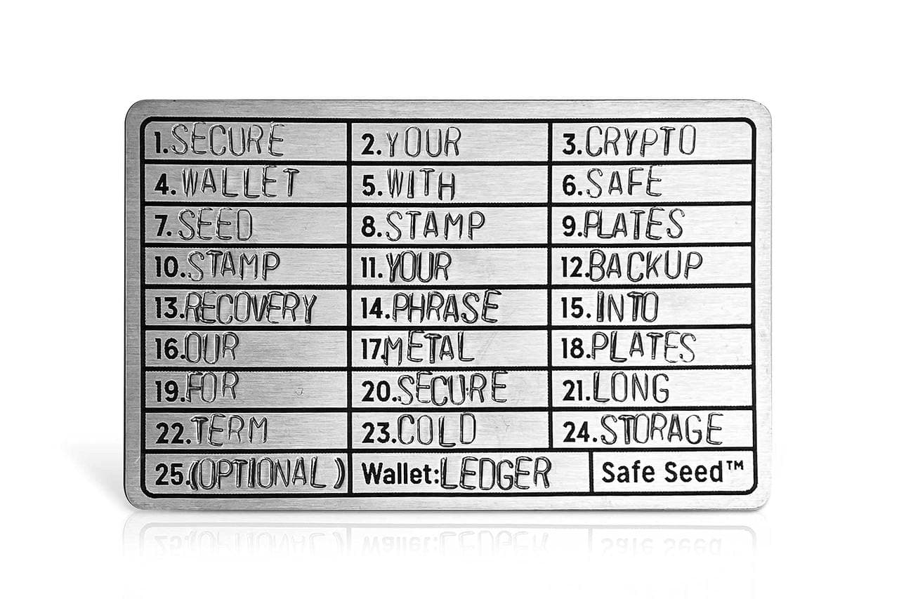 Seed phrase backup on a metal plate โ fire-proof, water-proof, and offline