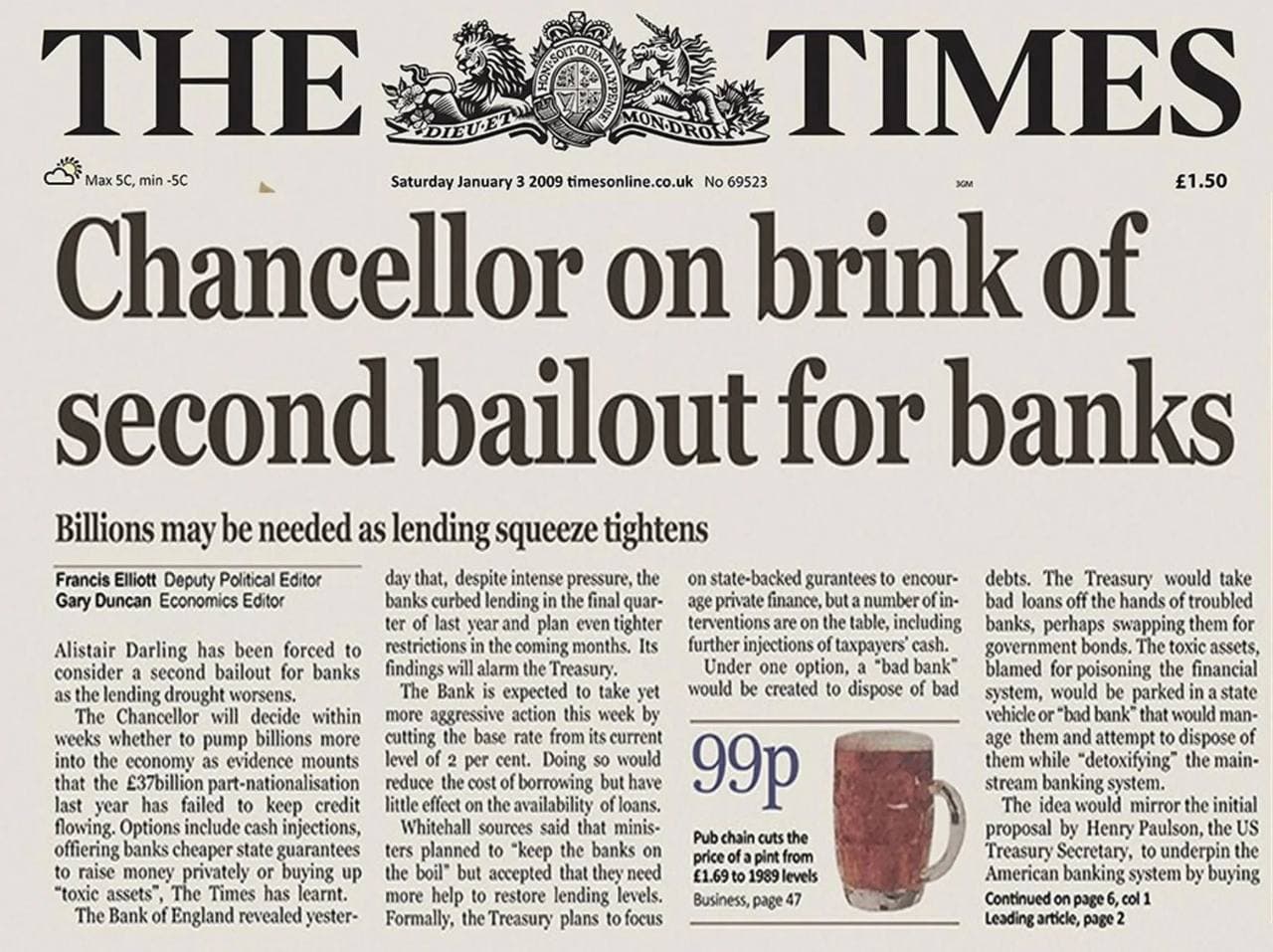 De voorpagina van The Times van 3 januari 2009 — de kop die Satoshi inbedde in het genesis block van Bitcoin