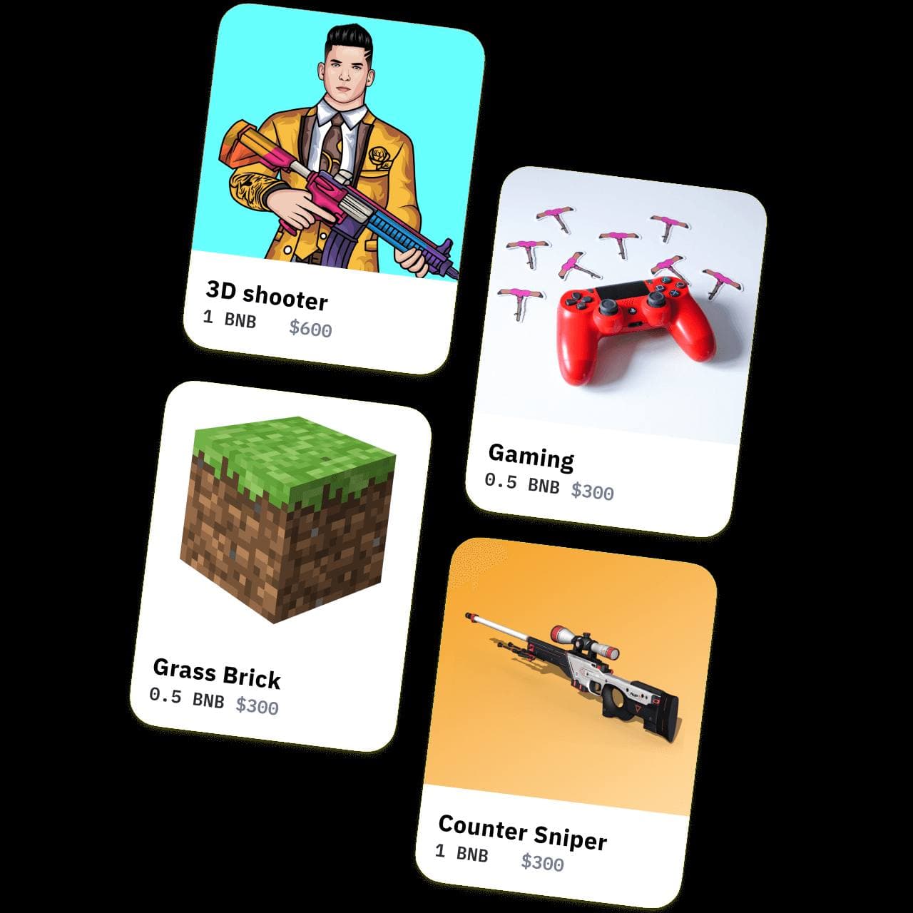 Gaming NFT marketplace cards showing items like 3D Shooter characters, controllers, and weapons priced in BNB