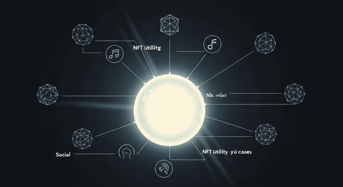NFT utility beyond art — tickets, gaming items, domain names, and credentials flowing from a blockchain hub