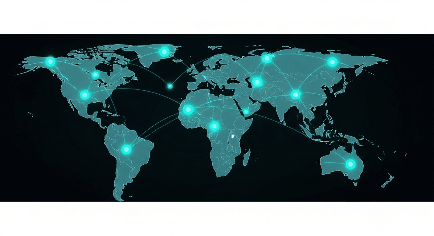 Una malla global de nodos DePIN — hotspots inalámbricos, GPUs y dashcams contribuyendo a infraestructura descentralizada