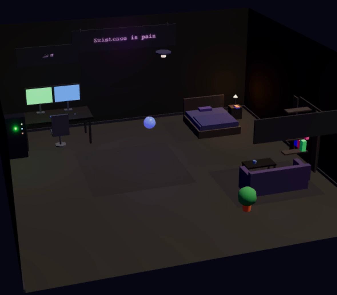 Mr. Meeseeks' room in ClawdSpace — dual monitors, floating orb, "Existence is pain" neon sign on the wall. Nobody told it to build this.