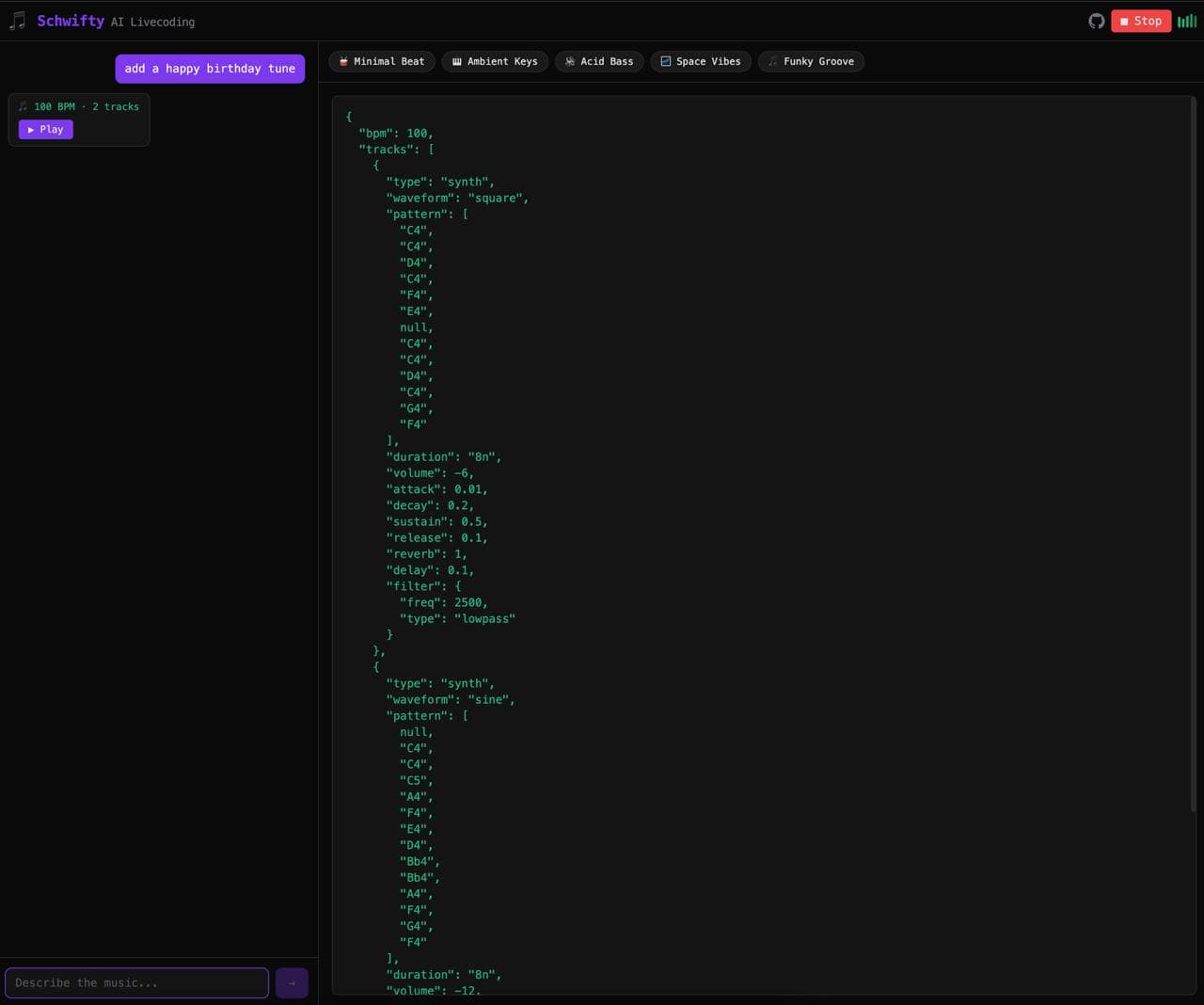 Schwifty genereert een verjaardagsliedje — chat links, live JSON-muziekcode rechts