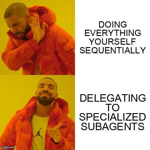 Meme de Drake - rechazando hacer todo tú mismo secuencialmente, aprobando delegar a subagentes especializados