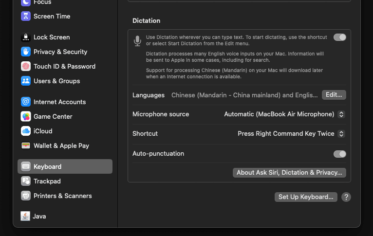 Voice dictation settings on macOS